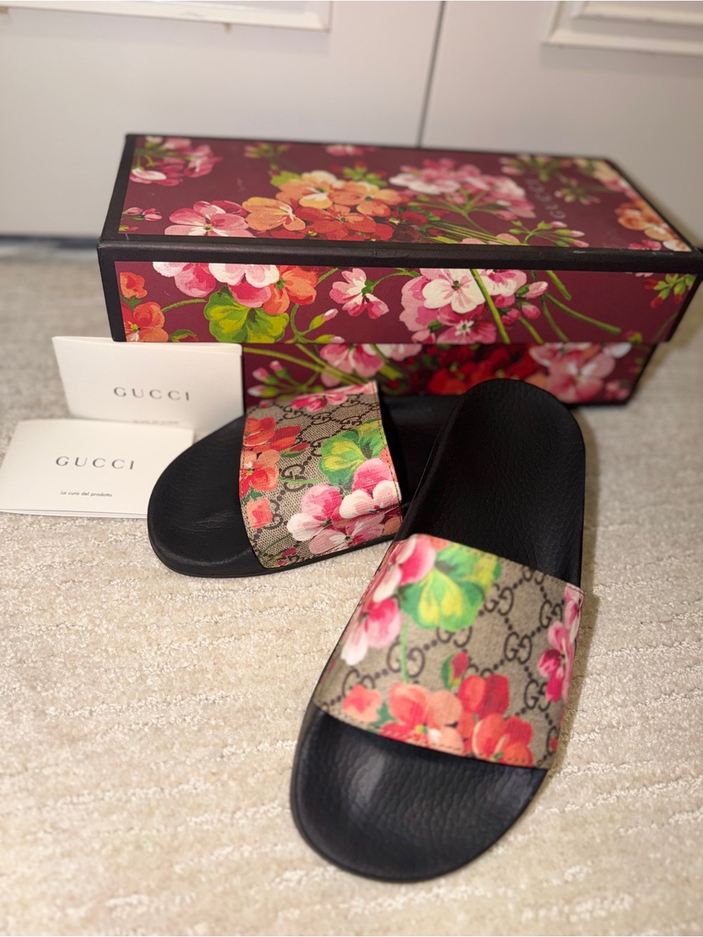 Gucci GG Supreme Floral Slide Sandals - Black with Pink & Green Accents